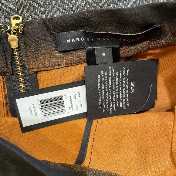 New Marc Jacobs Cotton Silk Plaid Pleated Skirt Black Brown 8 $458 - Picture 5 of 7